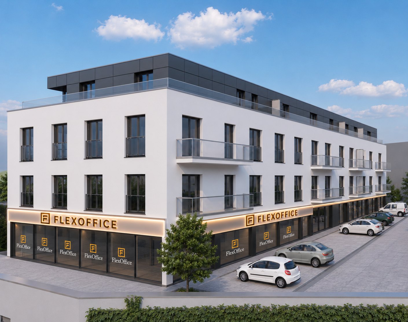 FlexOffice Gebäude in Wemperhardt mit Leuchtreklame